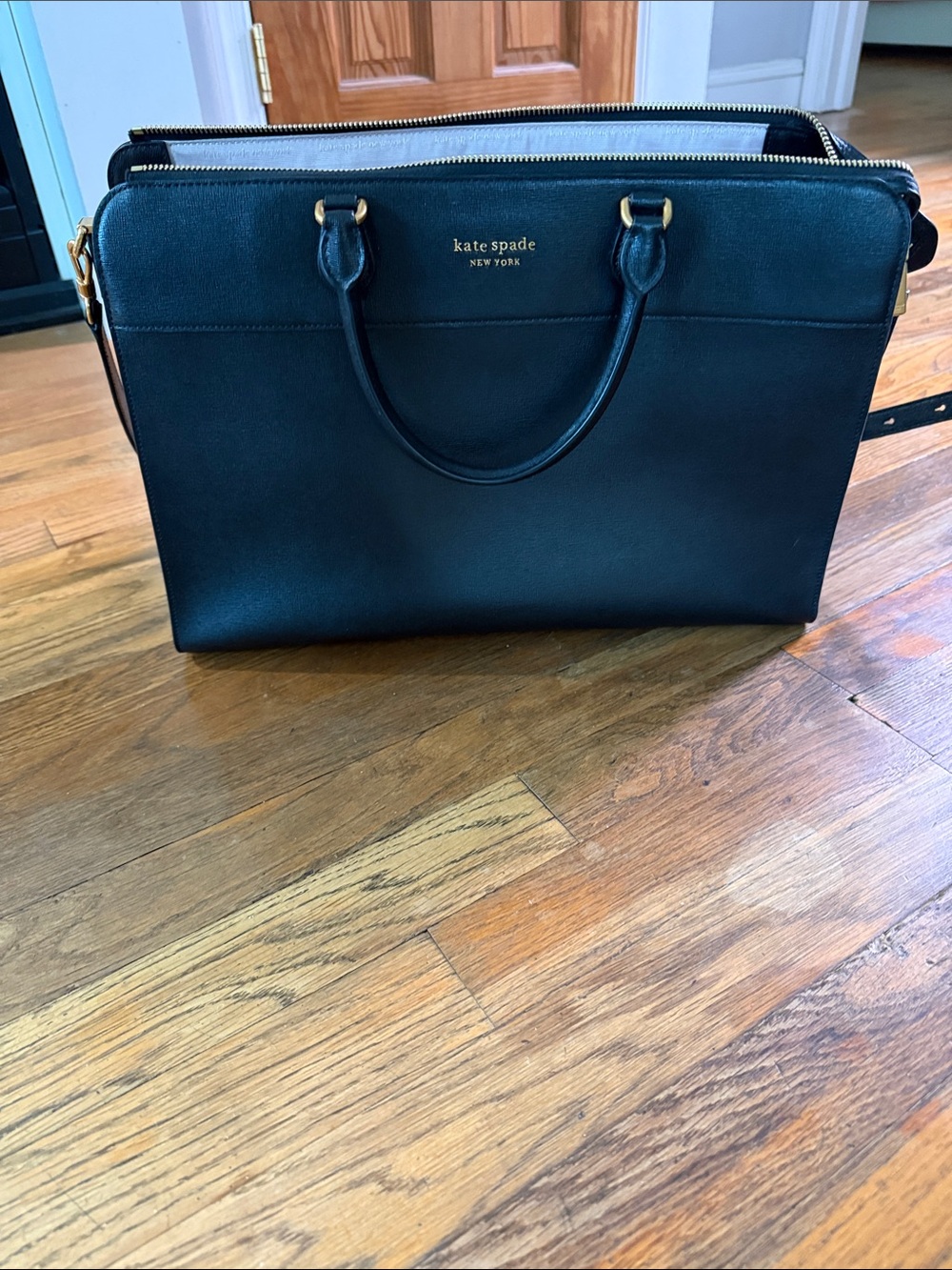 kate spade Black Leather Double-Zip Tote with Gold Hardware brand new
